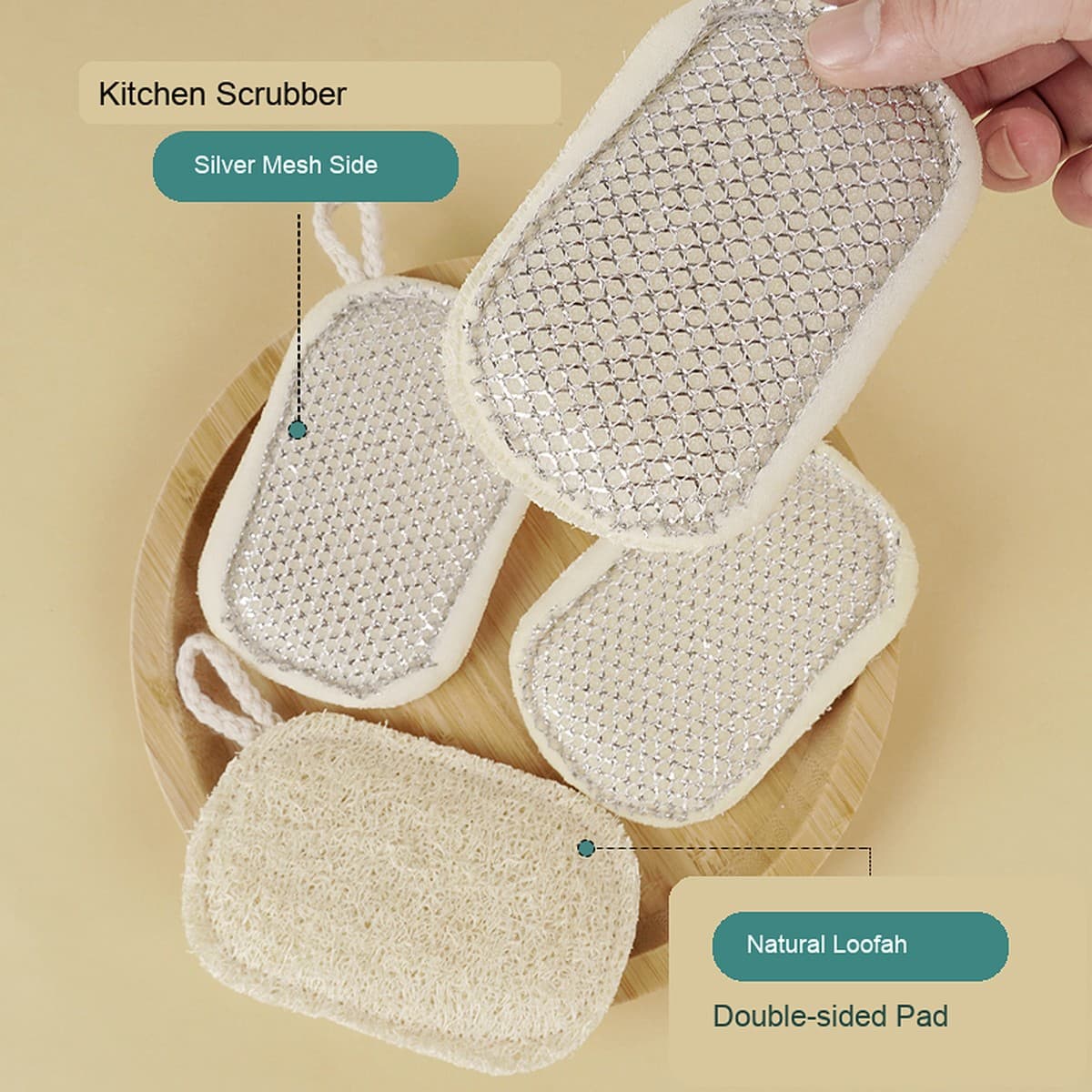 Double-sided loofah dish pad with silver mesh and natural loofah surfaces