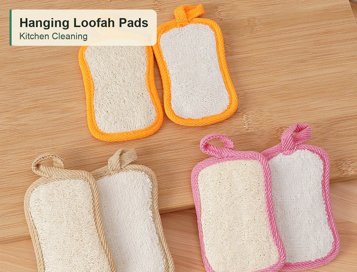 Natural loofah dish scrubber pads in multiple colors