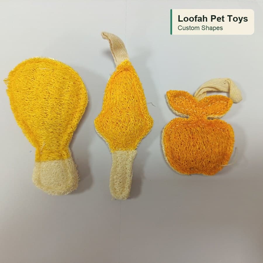 Loofah pet toys in drumstick, fish, and fruit shapes